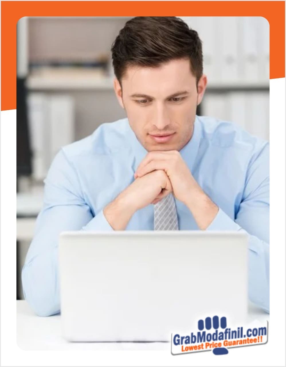 Man watching Laptop grabmodafinil logo